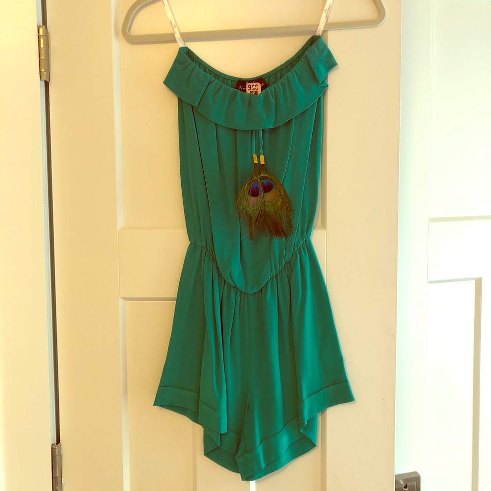 Karina Grimaldi Silk Romper w/ Feathers